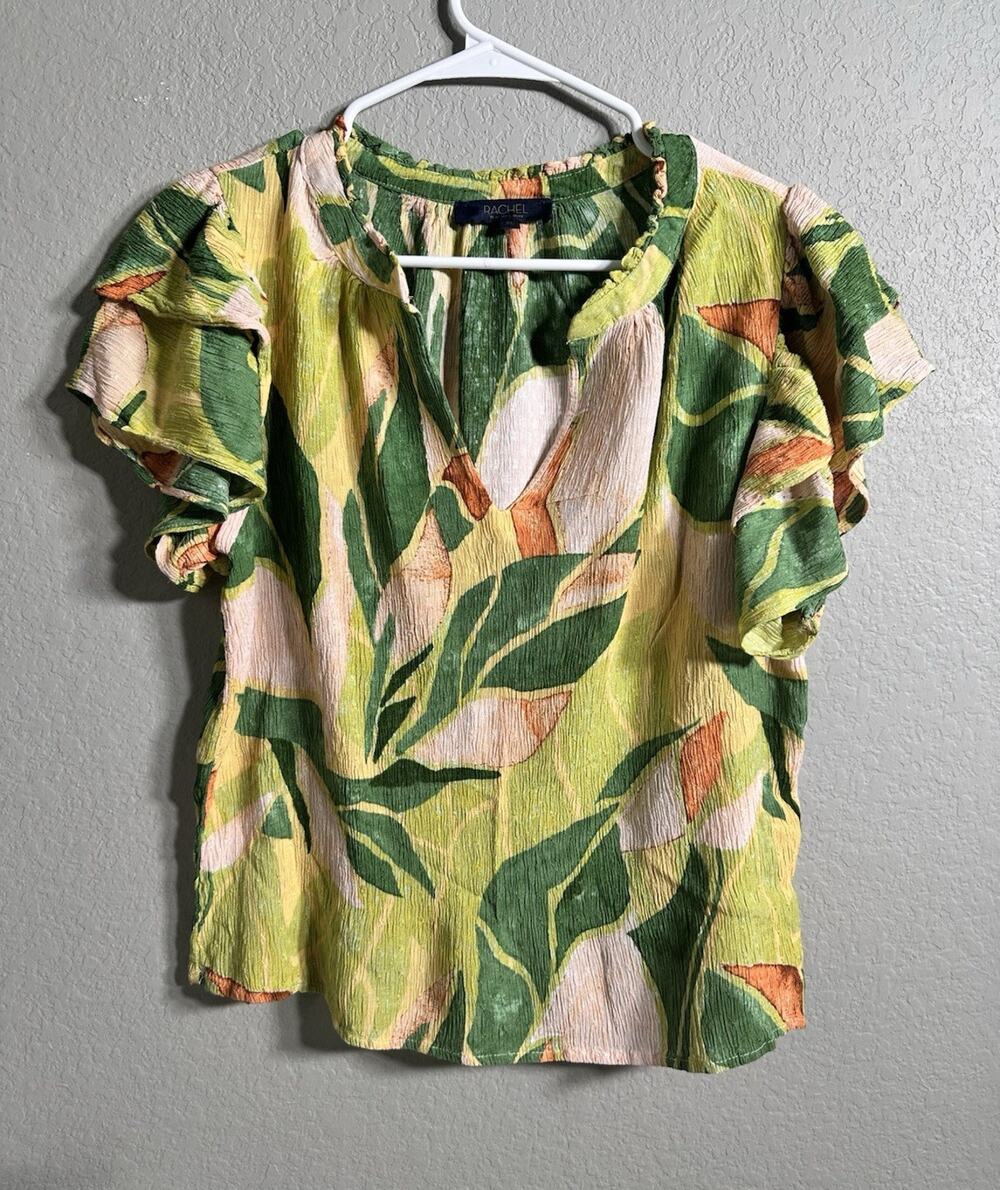 Rachel Roy Women’s Green/Yellow/Peach Floral Ruffle Sleeve Rayon Blouse XL